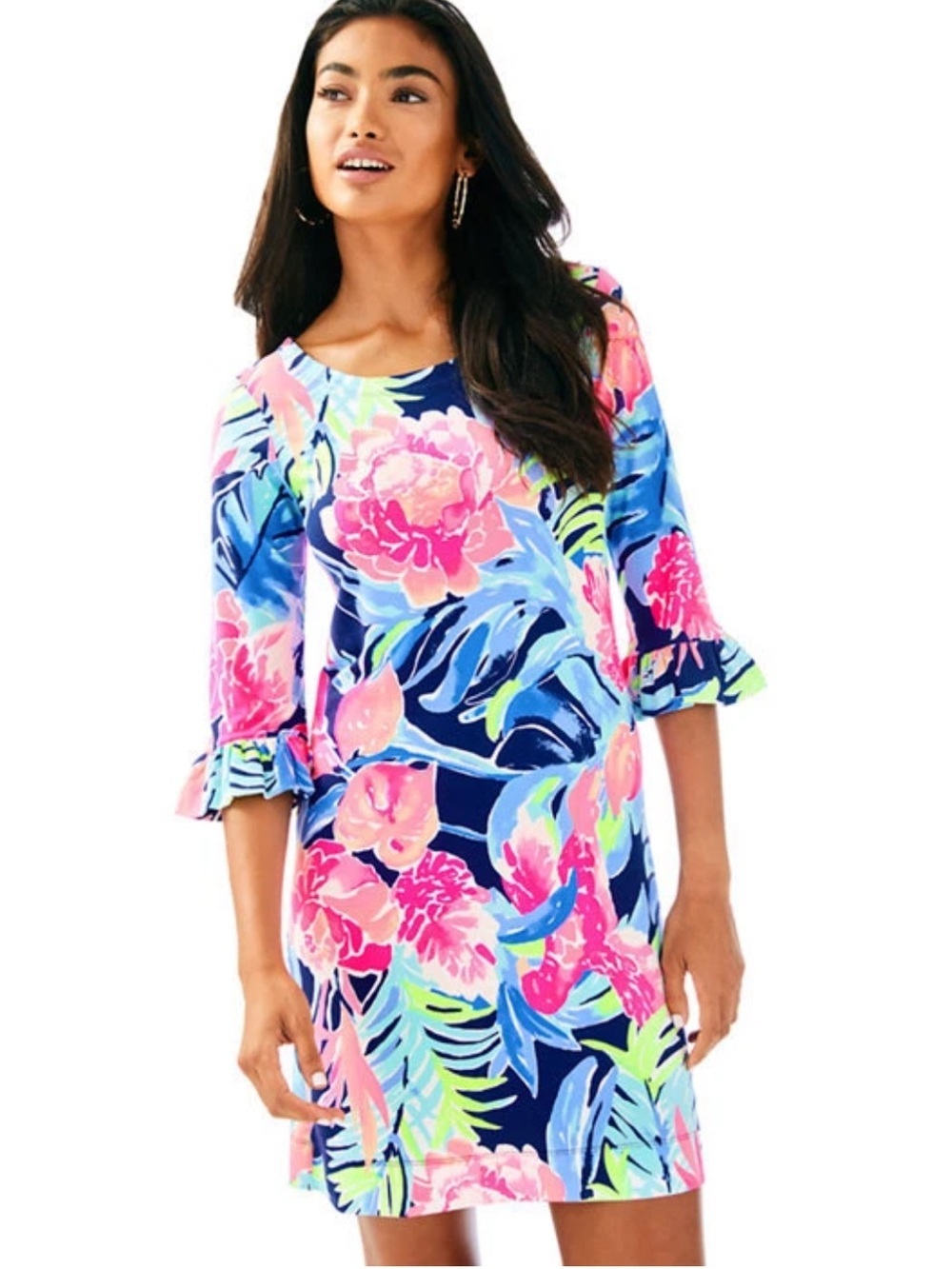 Lilly Pulitzer Sophie Ruffle Sleeve Dress High Tide Navy Tropicolada Resort L